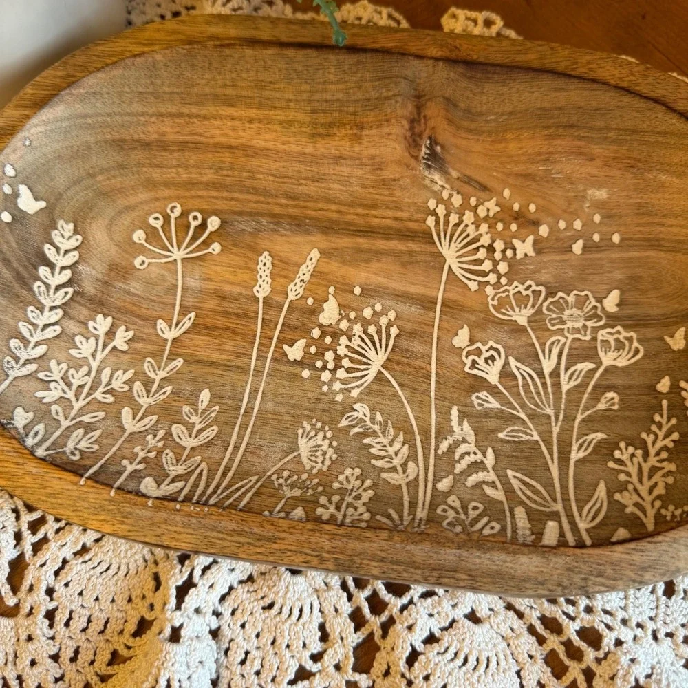 WT Collection Wing Tai Trading Co Floral Carved Wooden Oval Trinket Tray